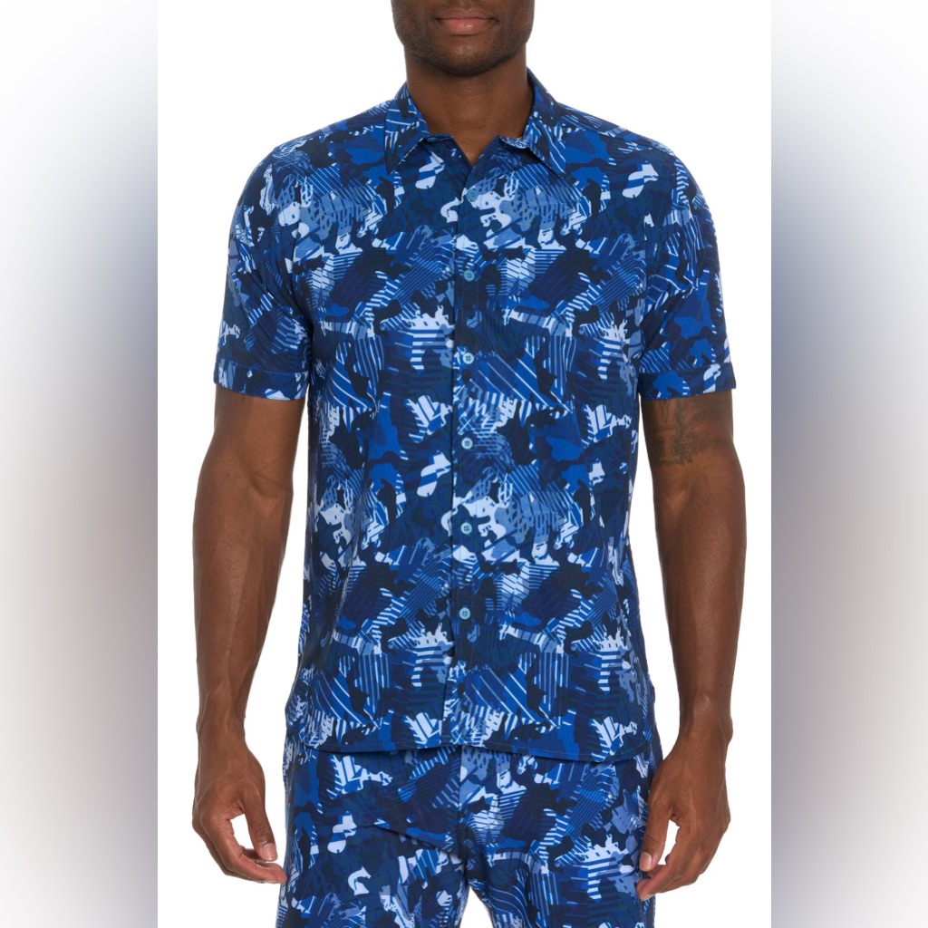 Robert Graham Blues Club Camo Short Sleeve Performance Button-Up Shirt L $218